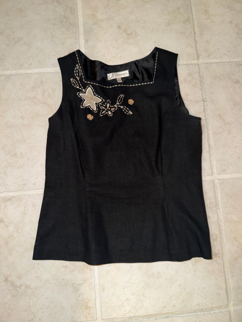dressbarn Black Sleeveless Top with Cream Embroidered Floral Accent